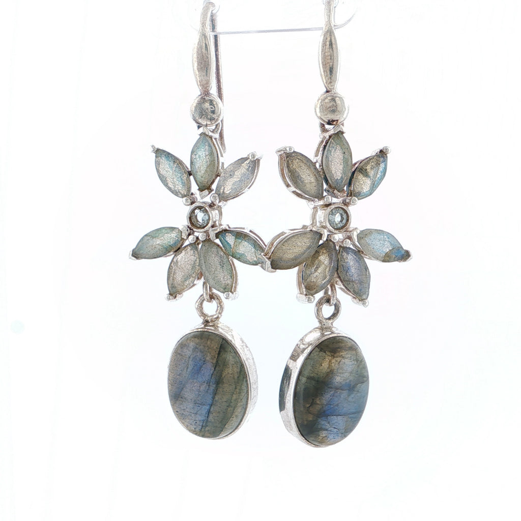 Vintage-Style Floral Labradorite and Quartz Silver Drop Earrings