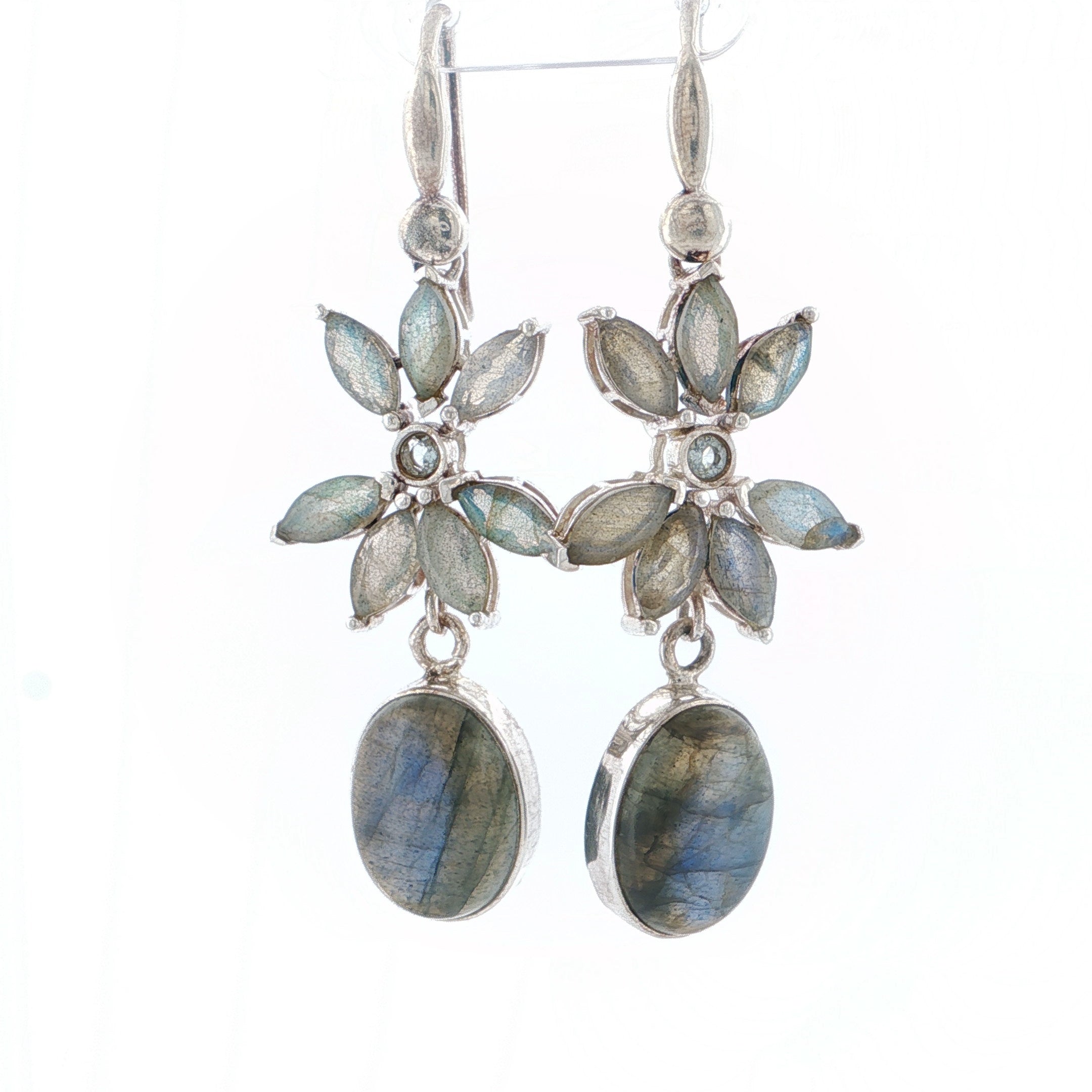 Vintage-Style Floral Labradorite and Quartz Silver Drop Earrings