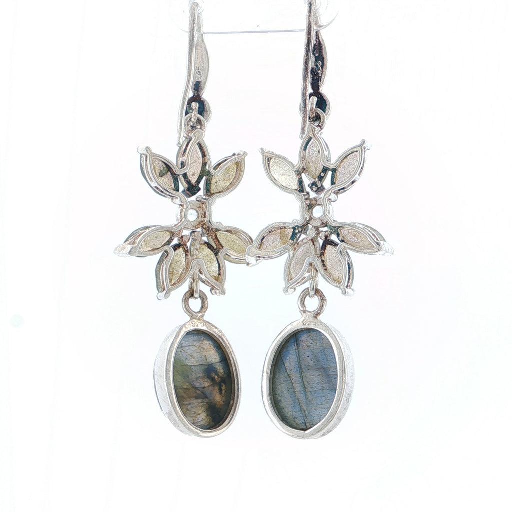 Vintage-Style Floral Labradorite and Quartz Silver Drop Earrings