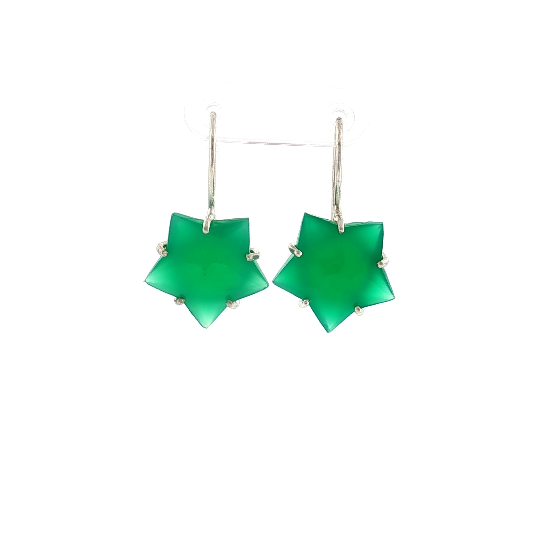 Star-Cut Green Onyx Silver Drop Earrings