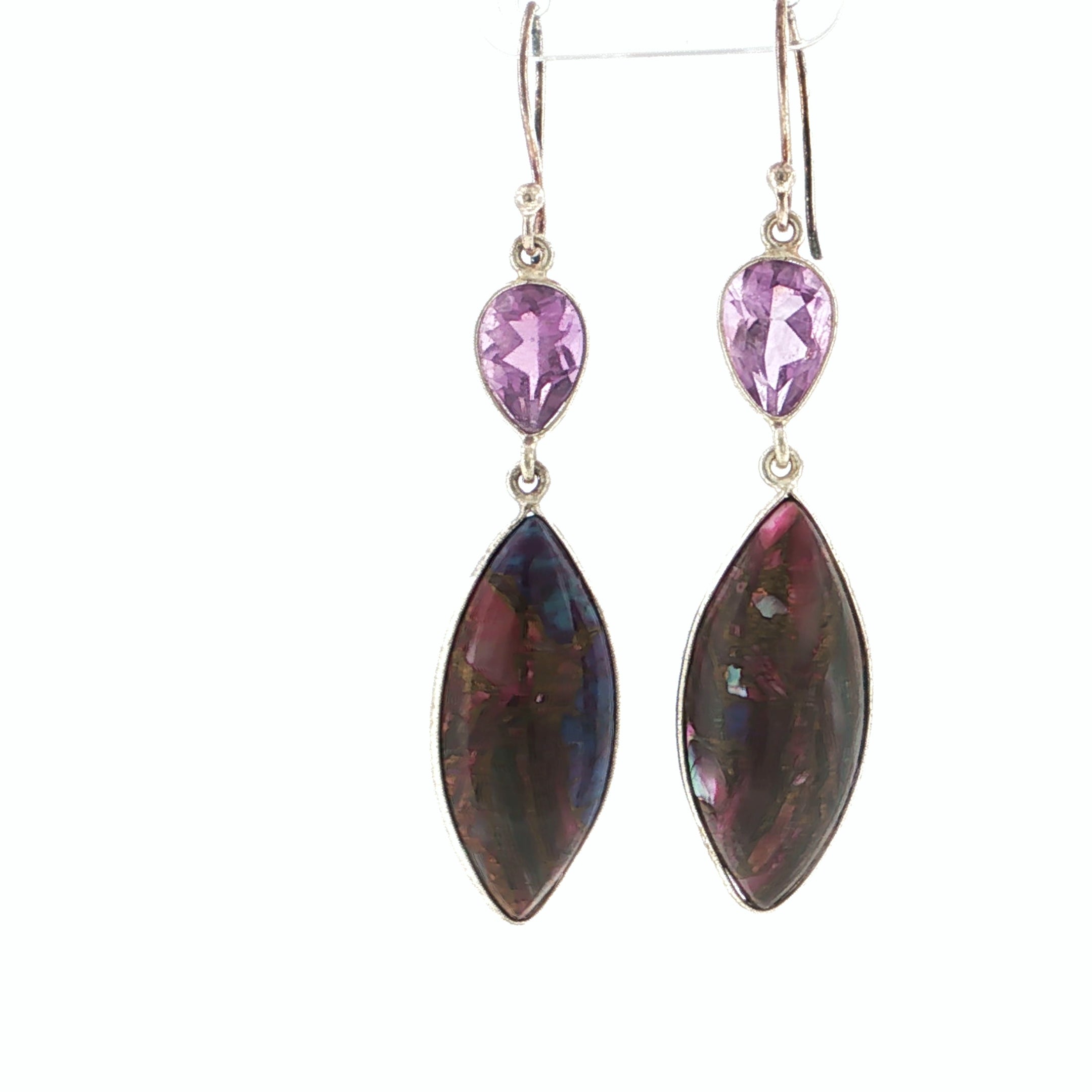 Amethyst and Mohave Turquoise Marquise Iridescent Composite Silver Dangle Earrings