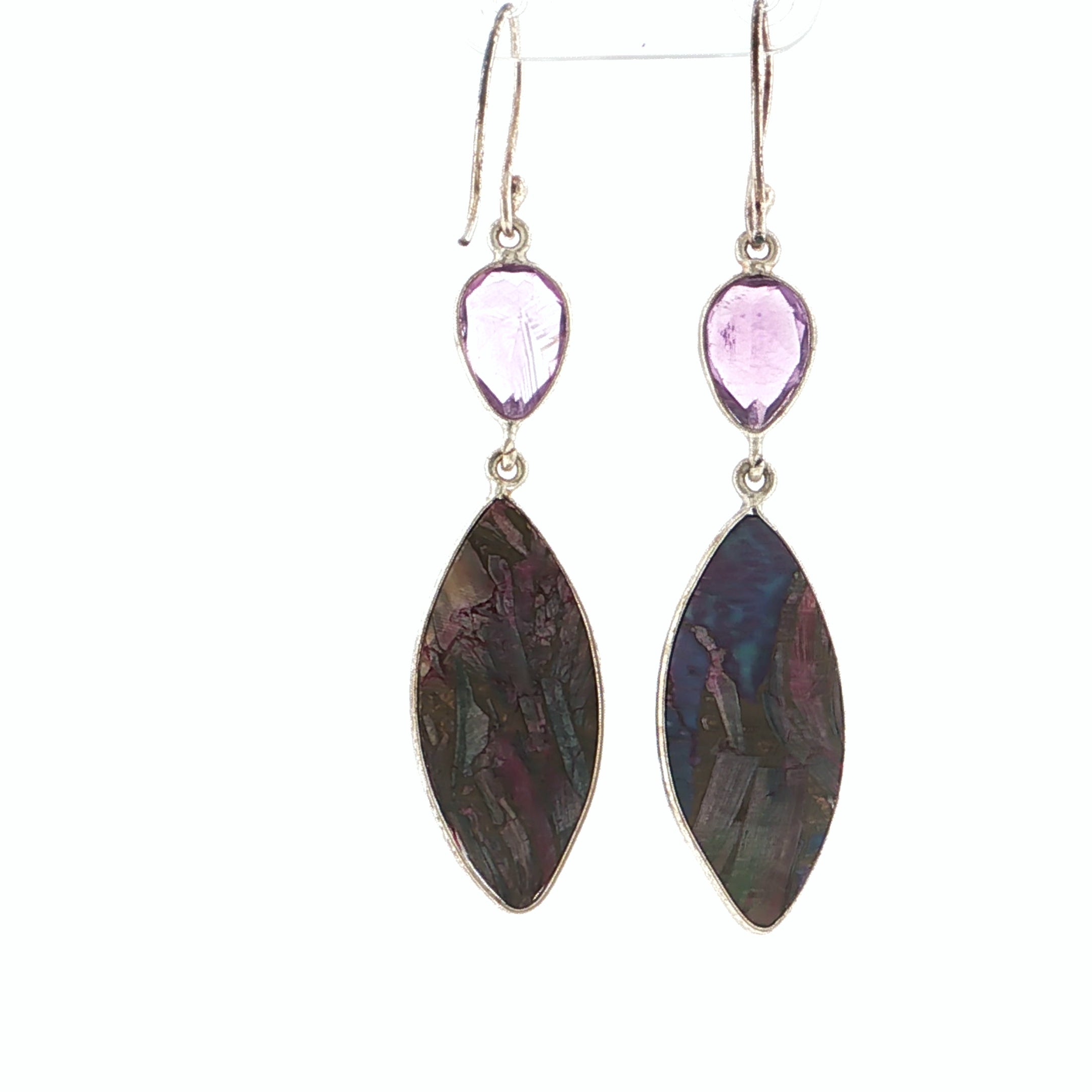 Amethyst and Mohave Turquoise Marquise Iridescent Composite Silver Dangle Earrings