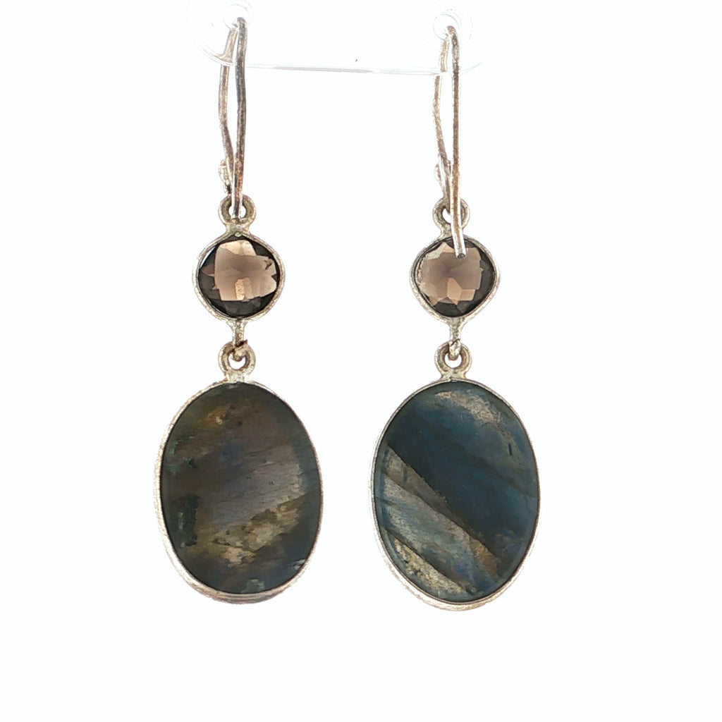 Smoky Quartz and Oval Labradorite Silver Dangle Earrings