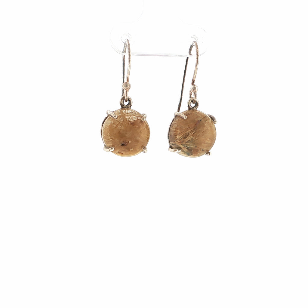 Round Rutile Quartz Cabochon Silver Drop Earrings