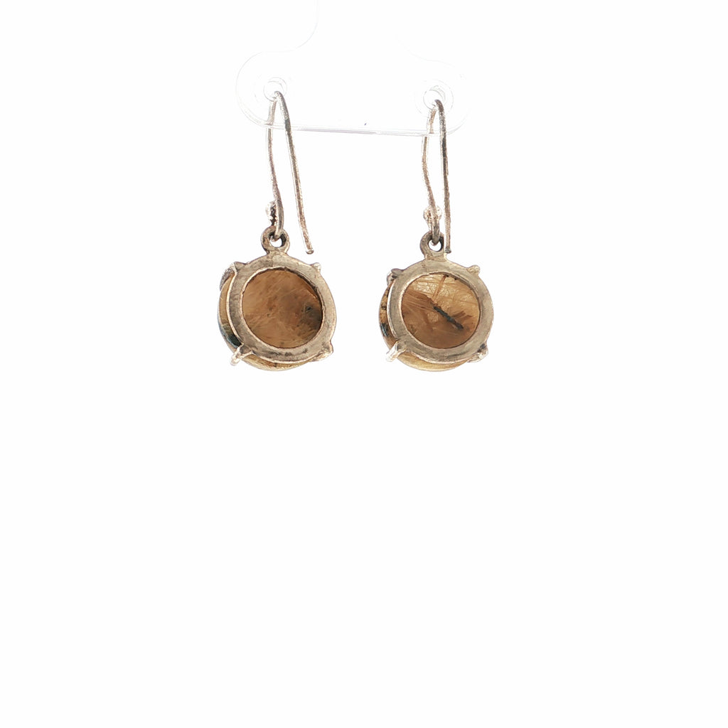 Round Rutile Quartz Cabochon Silver Drop Earrings