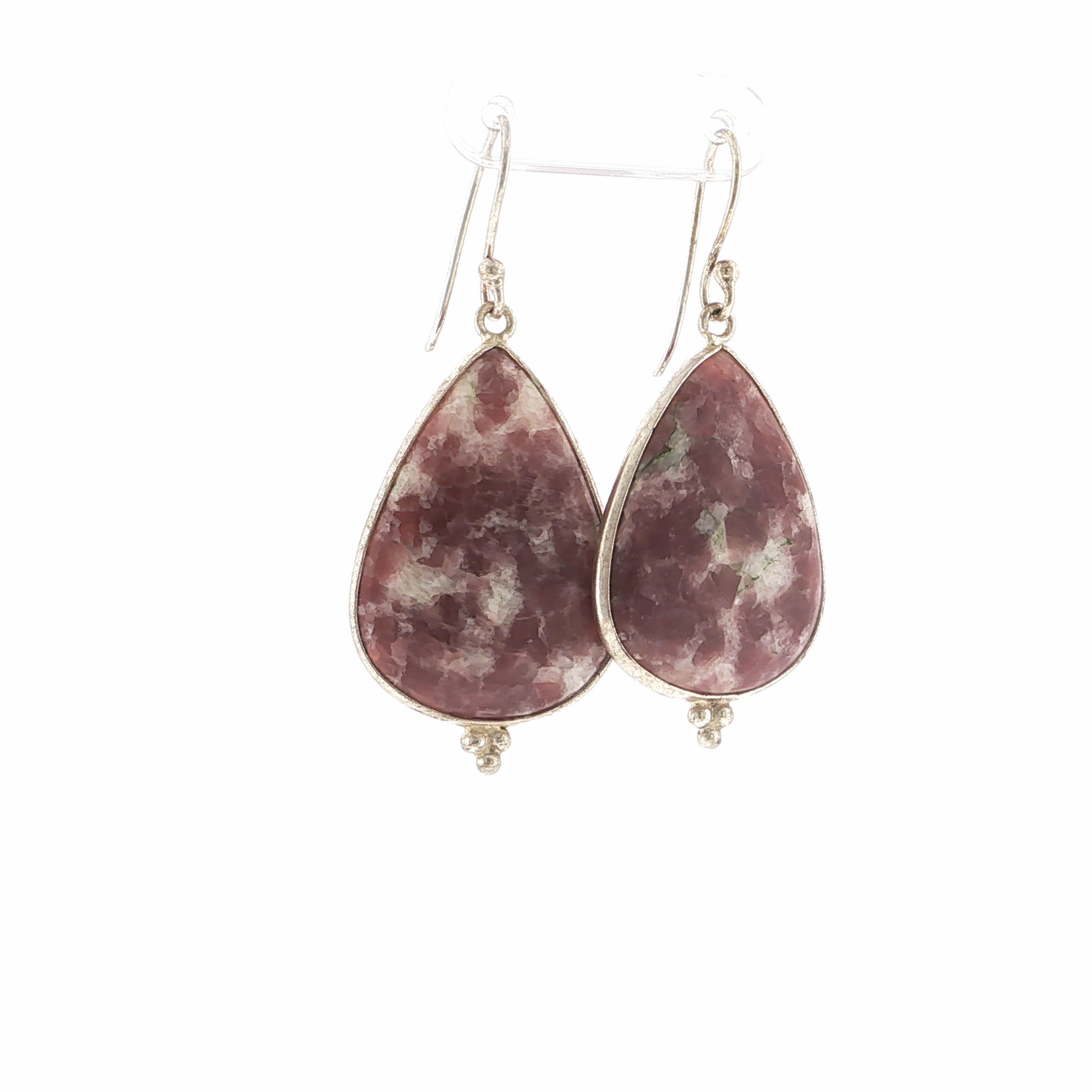 Pear-Shaped Lepidolite Cabochon Silver Dangle Earrings