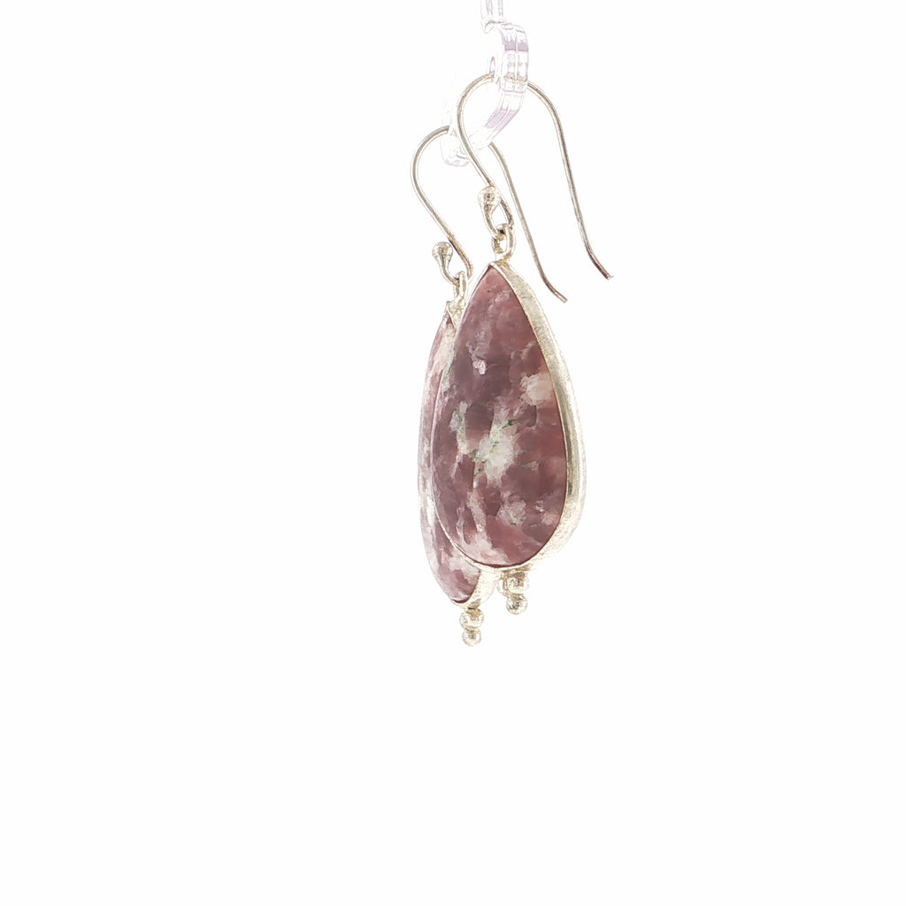 Pear-Shaped Lepidolite Cabochon Silver Dangle Earrings