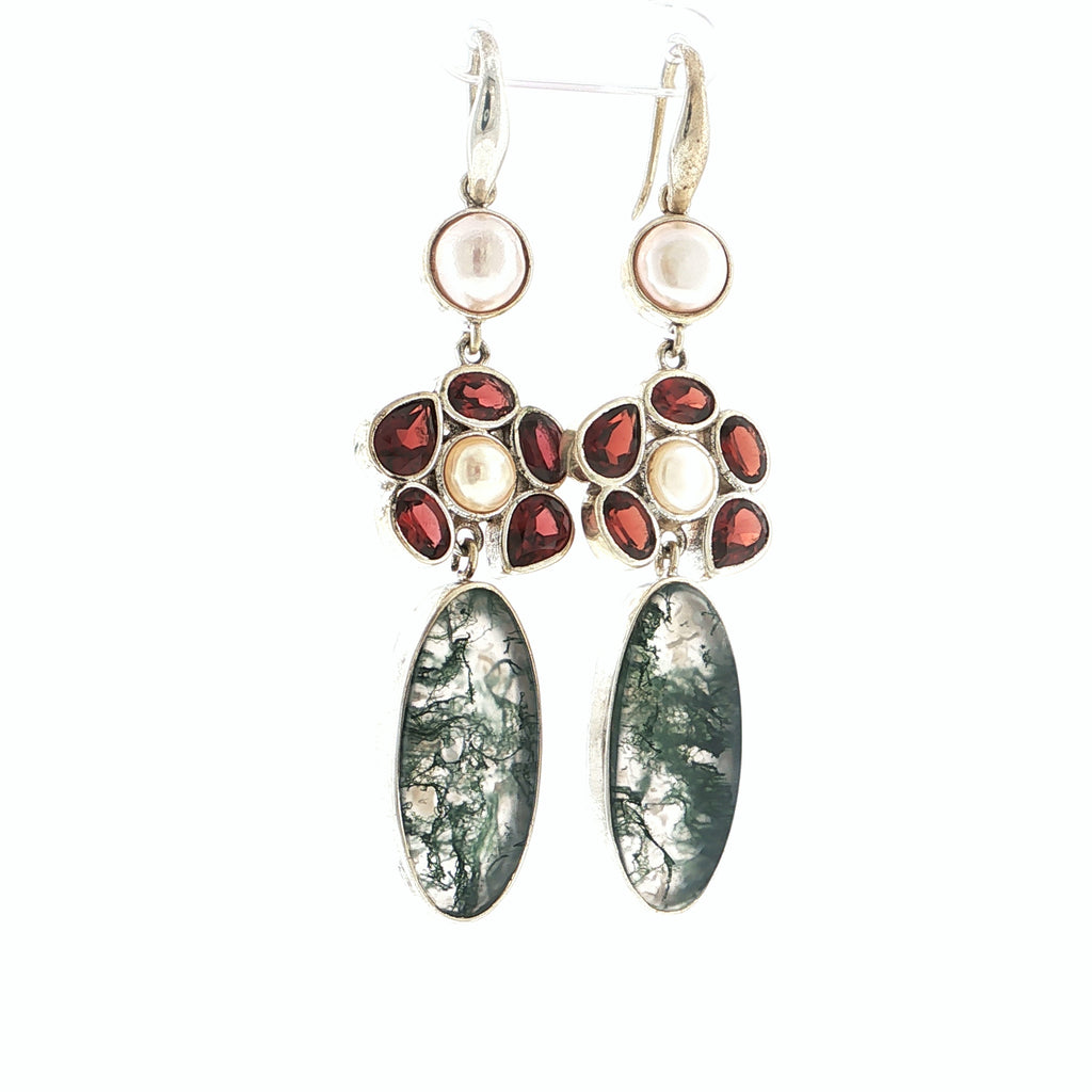 Moss Agate, Garnet, and Pearl Sterling Silver Floral Dangle Earrings