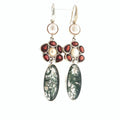 Moss Agate, Garnet, and Pearl Sterling Silver Floral Dangle Earrings