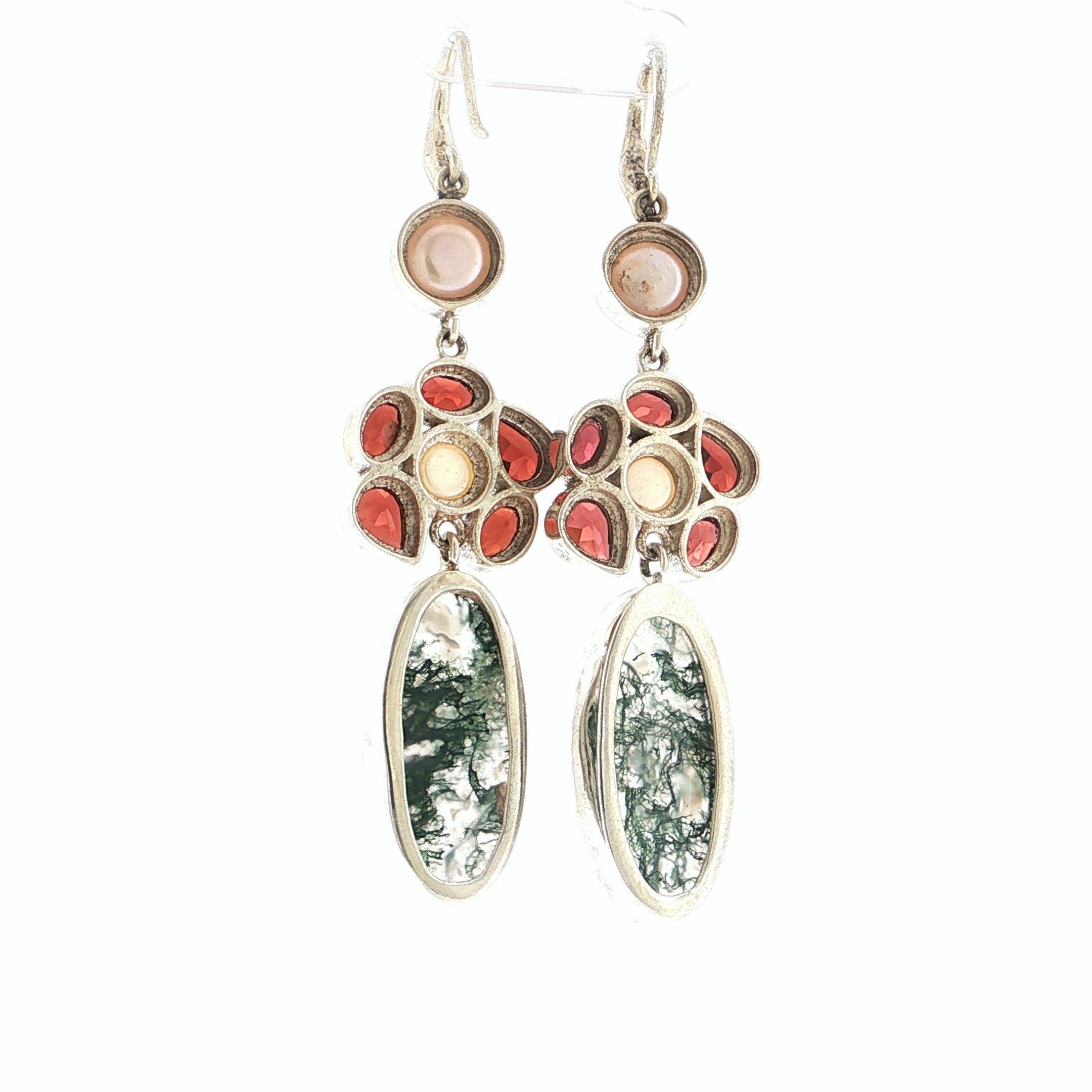 Moss Agate, Garnet, and Pearl Sterling Silver Floral Dangle Earrings