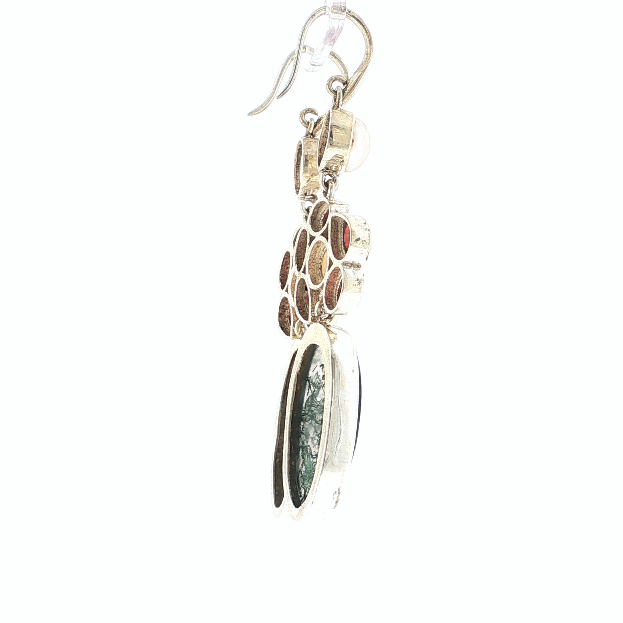 Moss Agate, Garnet, and Pearl Sterling Silver Floral Dangle Earrings