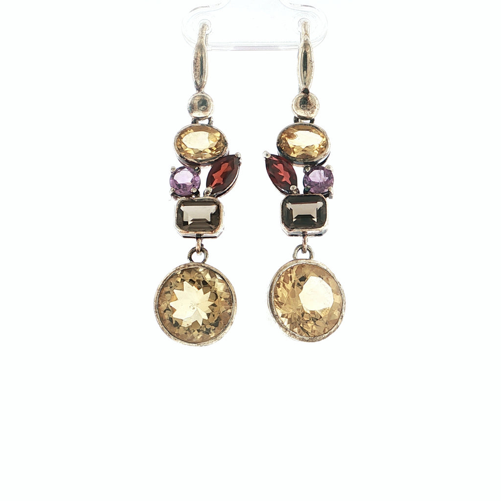 Multi-Gemstone Cluster Drop Earrings in Sterling Silver with Citrine, Garnet, Amethyst and Smoky Quartz
