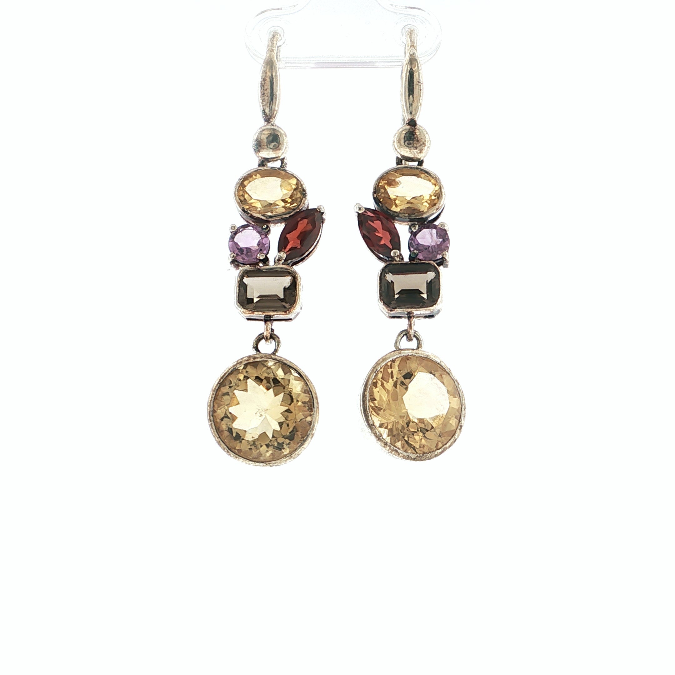 Multi-Gemstone Cluster Drop Earrings in Sterling Silver with Citrine, Garnet, Amethyst and Smoky Quartz