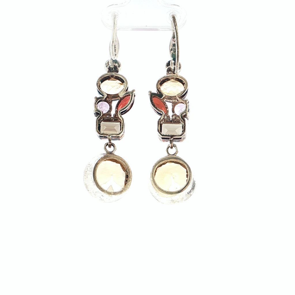 Multi-Gemstone Cluster Drop Earrings in Sterling Silver with Citrine, Garnet, Amethyst and Smoky Quartz