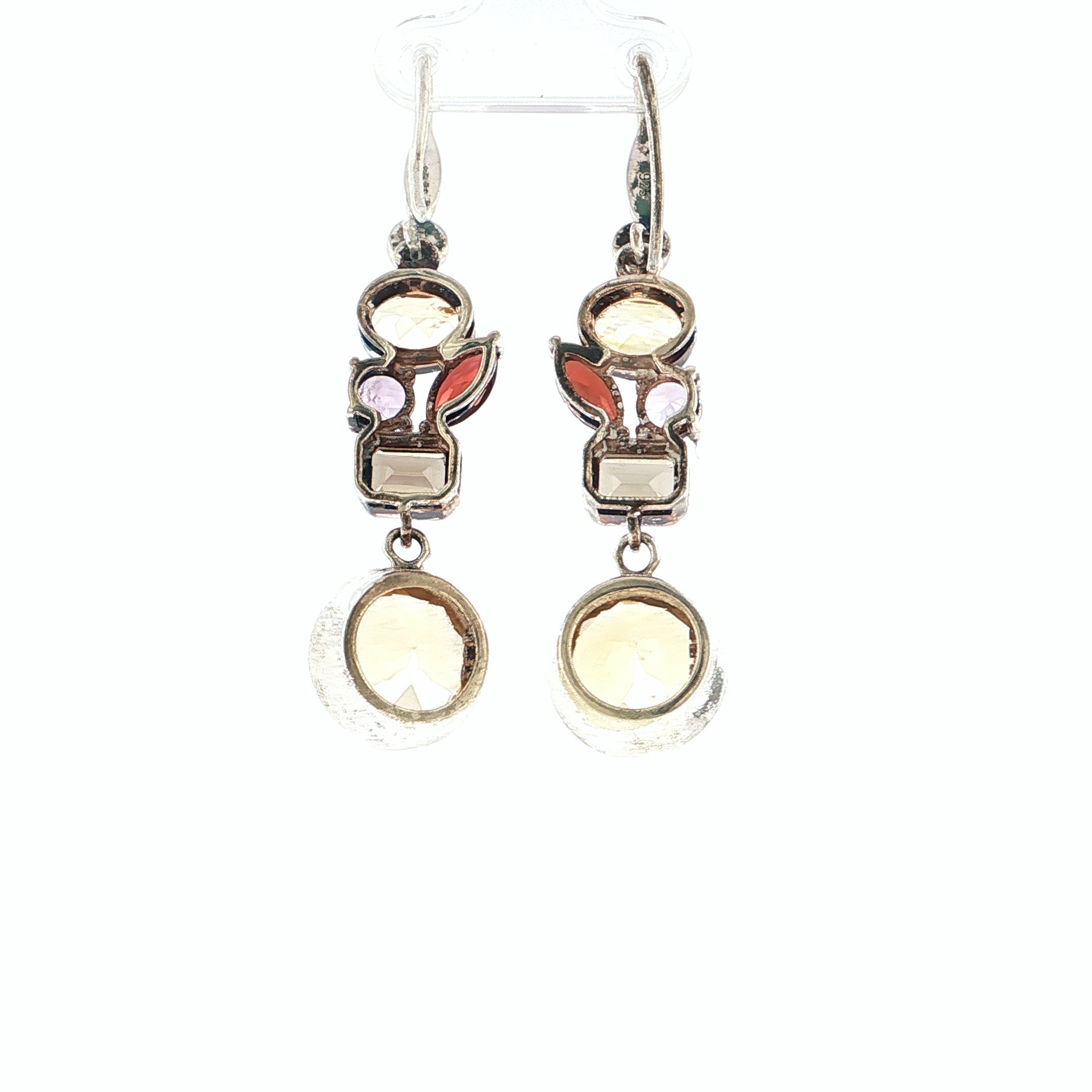 Multi-Gemstone Cluster Drop Earrings in Sterling Silver with Citrine, Garnet, Amethyst and Smoky Quartz