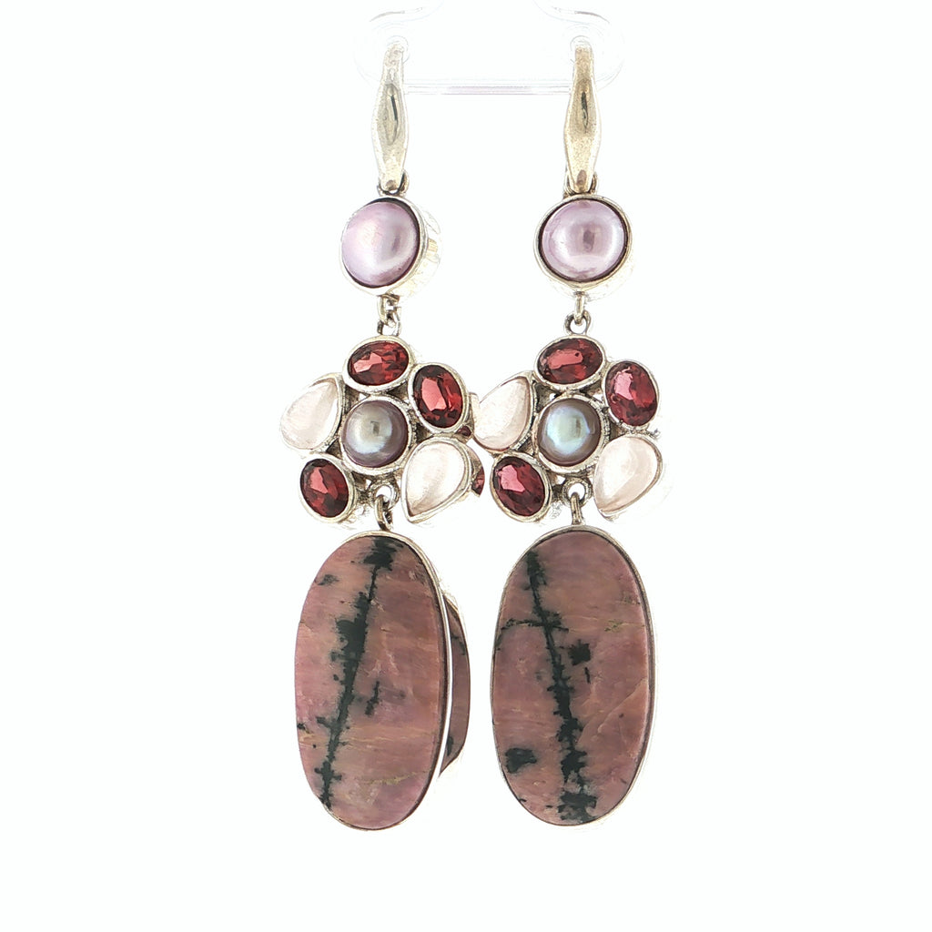 Artisan Rhodonite, Garnet and Pearl Mixed Gemstone Dangle Earrings