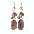 Artisan Rhodonite, Garnet and Pearl Mixed Gemstone Dangle Earrings