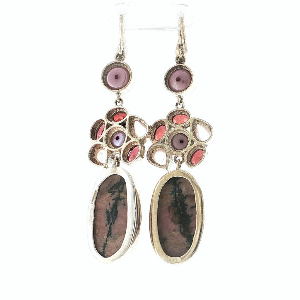 Artisan Rhodonite, Garnet and Pearl Mixed Gemstone Dangle Earrings