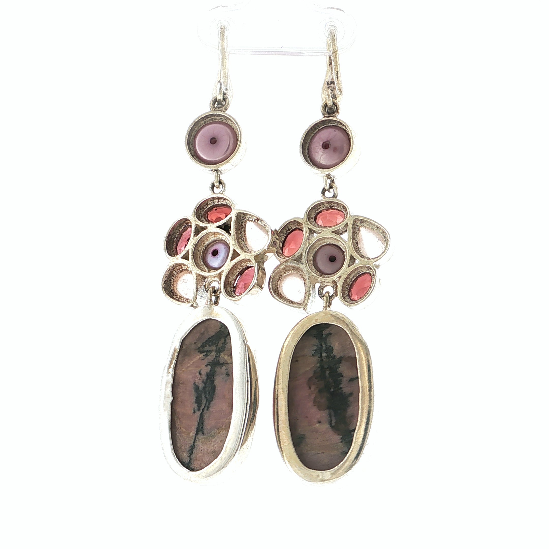 Artisan Rhodonite, Garnet and Pearl Mixed Gemstone Dangle Earrings