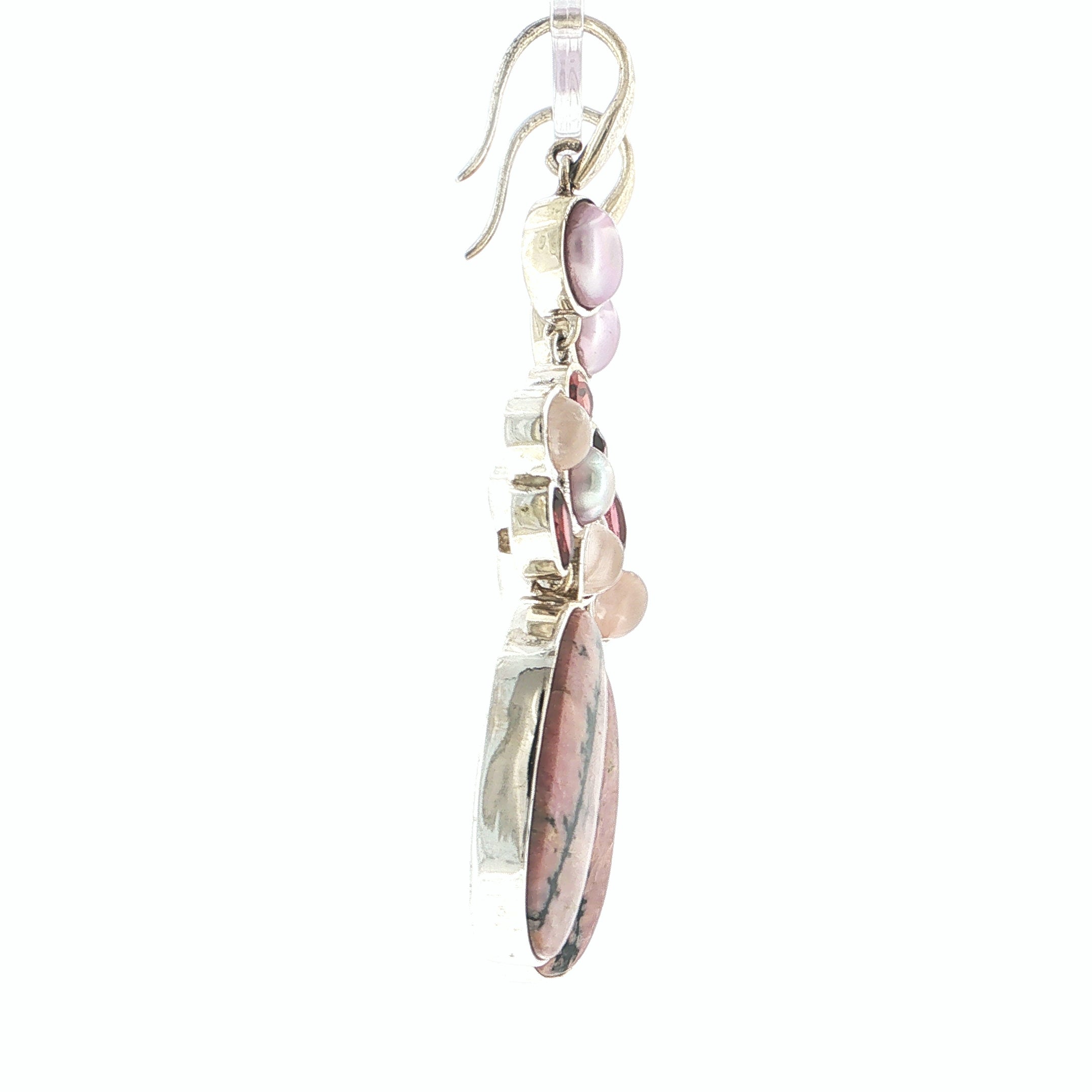 Artisan Rhodonite, Garnet and Pearl Mixed Gemstone Dangle Earrings