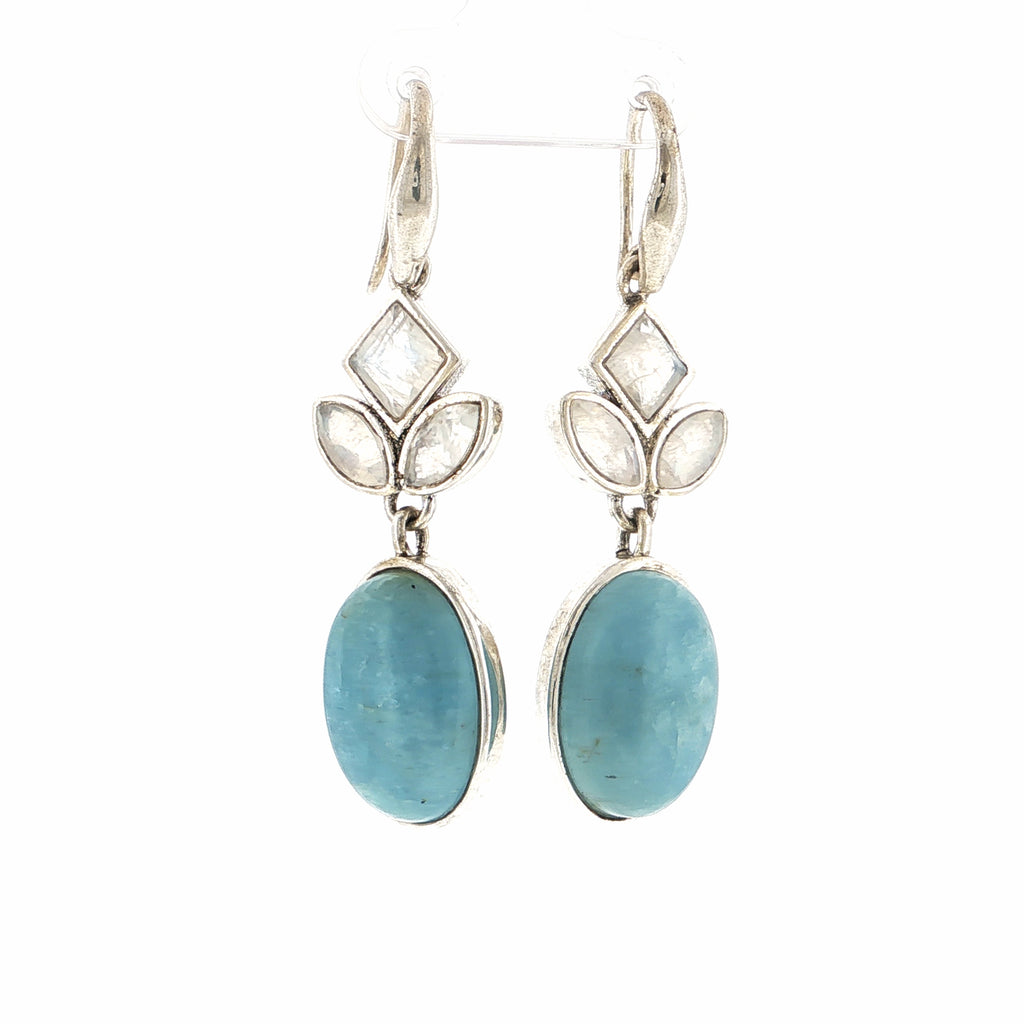 Oval Cabochon Aquamarine and Moonstone Silver Dangle Earrings