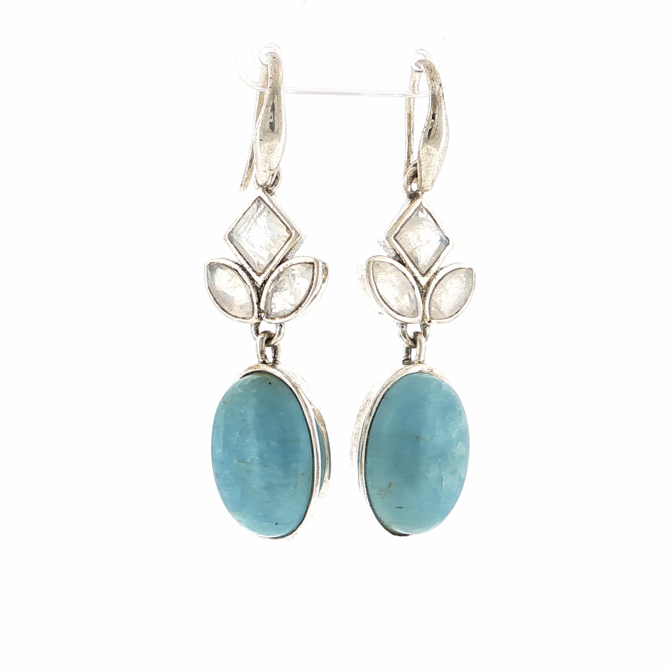 Oval Cabochon Aquamarine and Moonstone Silver Dangle Earrings