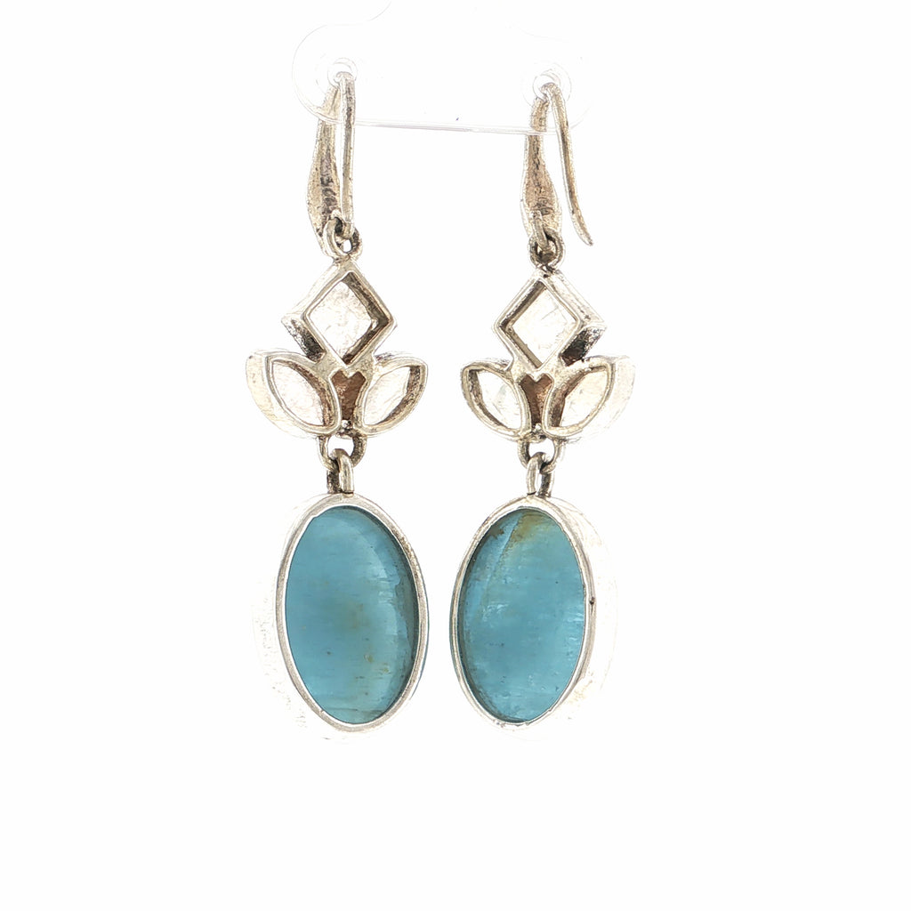 Oval Cabochon Aquamarine and Moonstone Silver Dangle Earrings