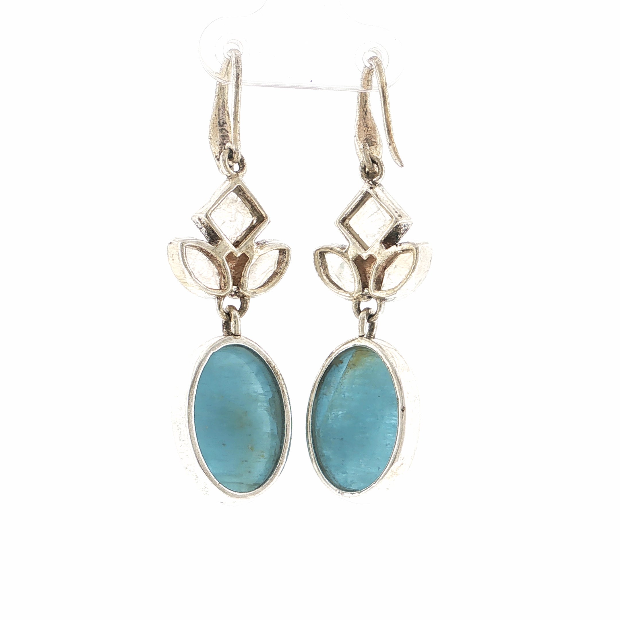 Oval Cabochon Aquamarine and Moonstone Silver Dangle Earrings