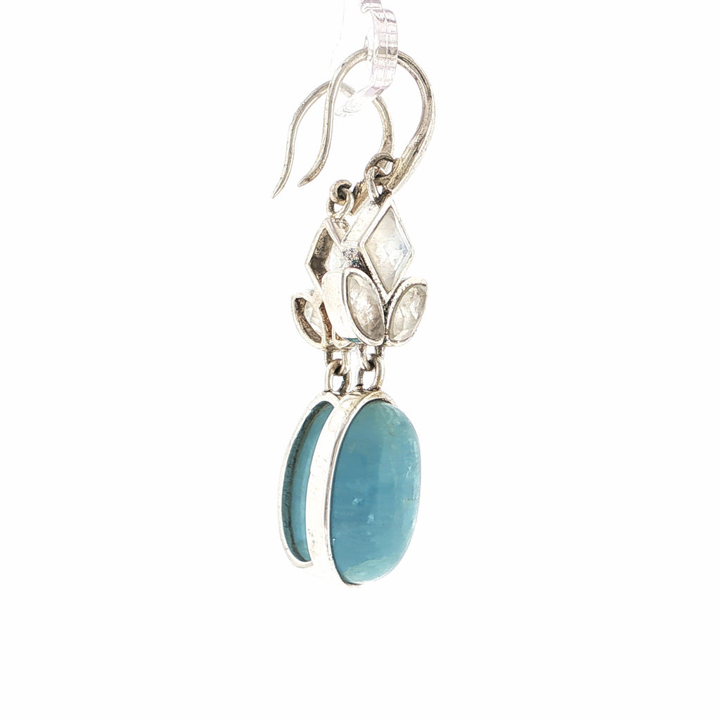 Oval Cabochon Aquamarine and Moonstone Silver Dangle Earrings