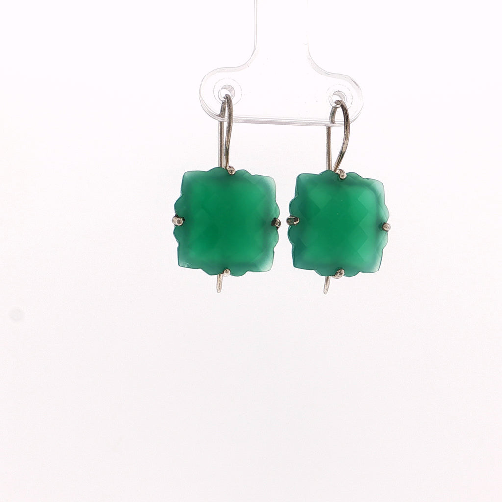 Green Onyx Scalloped Square Drop Earrings in Silver