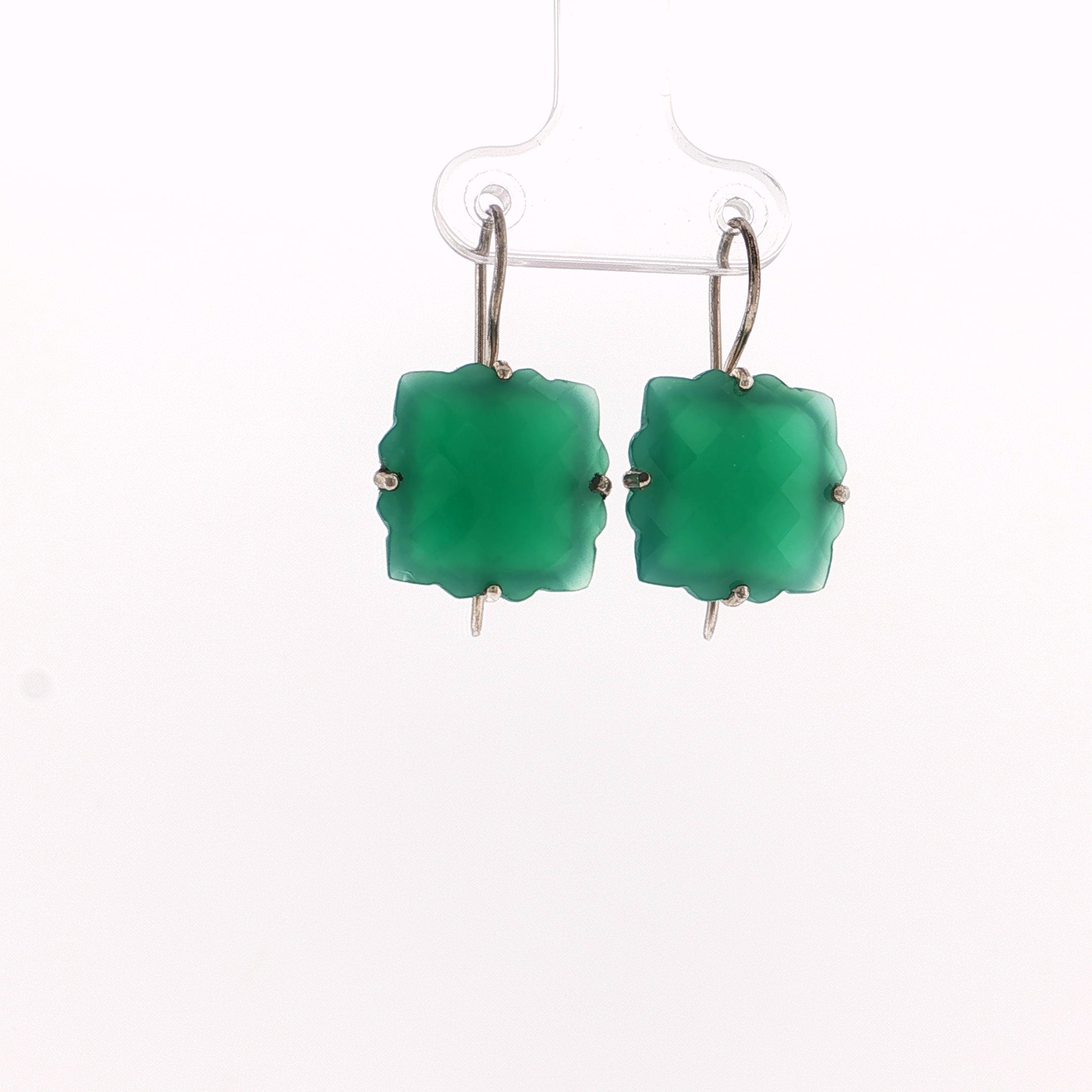 Green Onyx Scalloped Square Drop Earrings in Silver