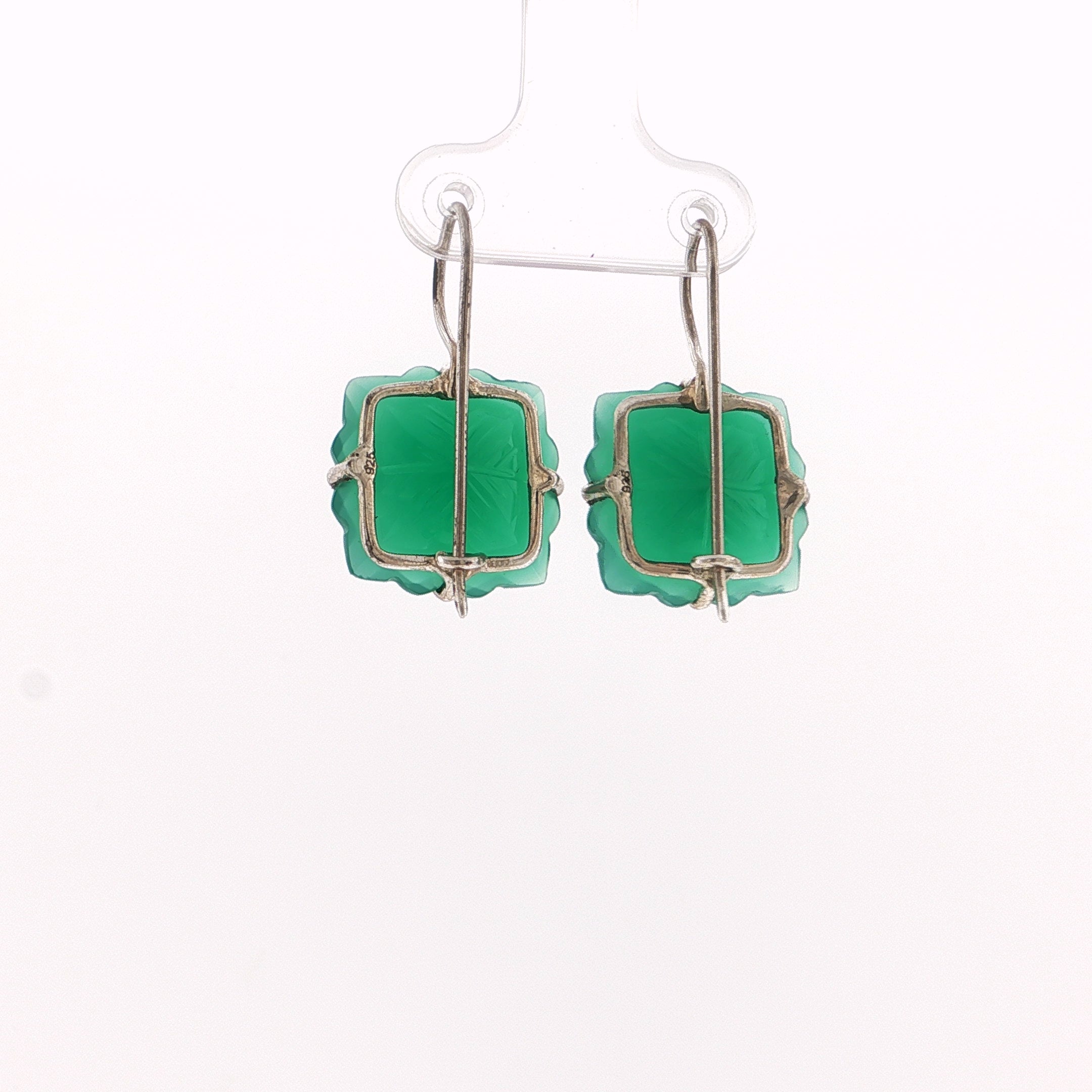 Green Onyx Scalloped Square Drop Earrings in Silver