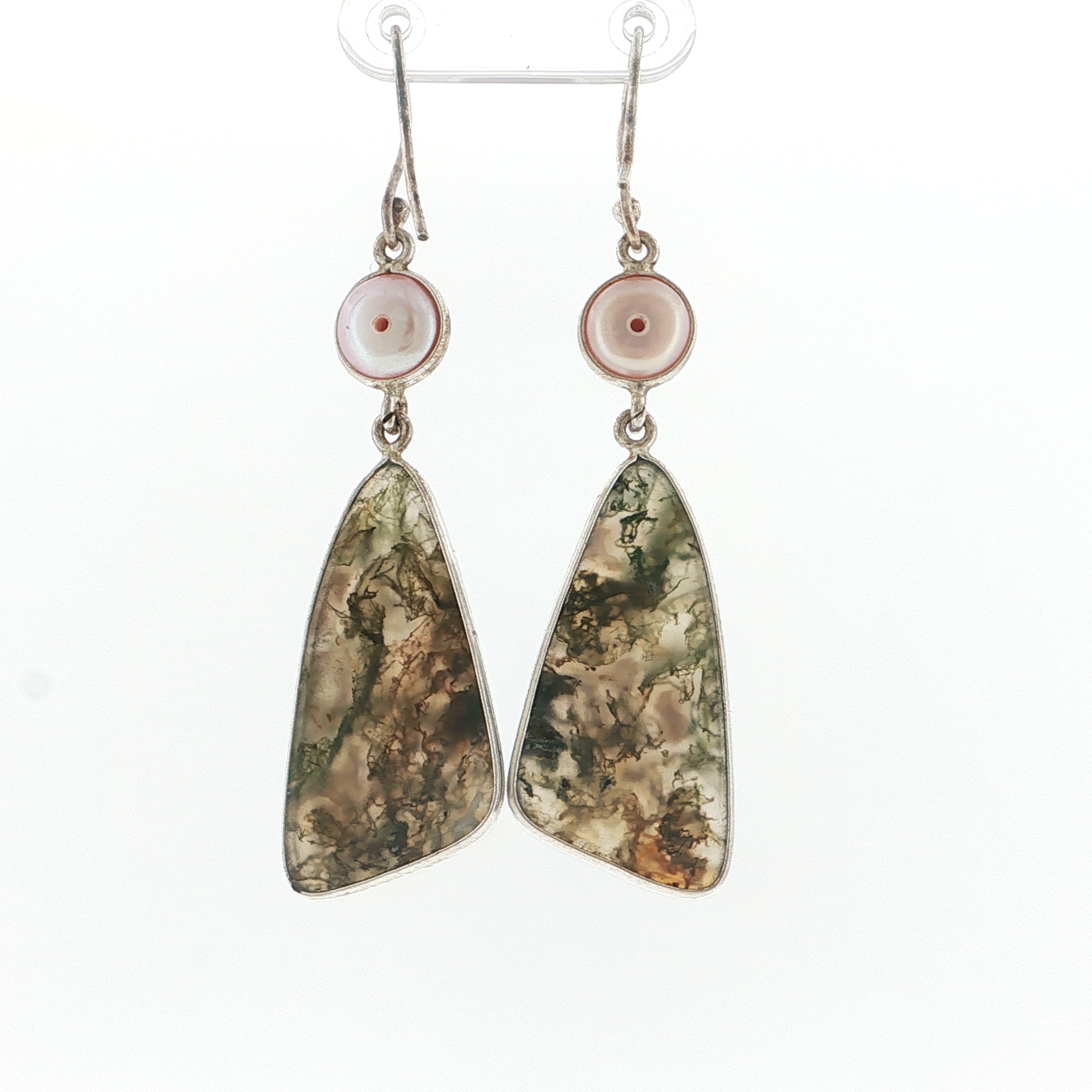Moss Agate and Pink Pearl Sterling Silver Trapezoid Dangle Earrings