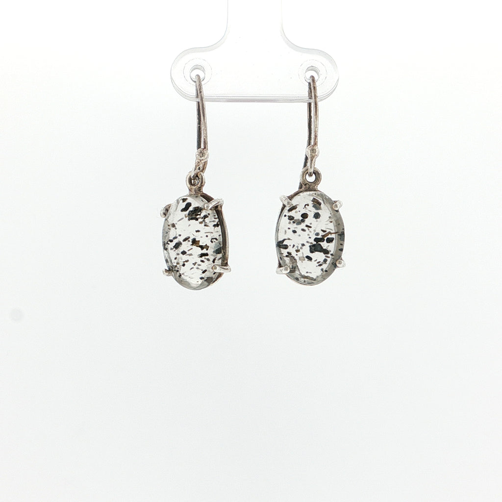Oval Cabochon Black Dot Quartz Silver Drop Earrings