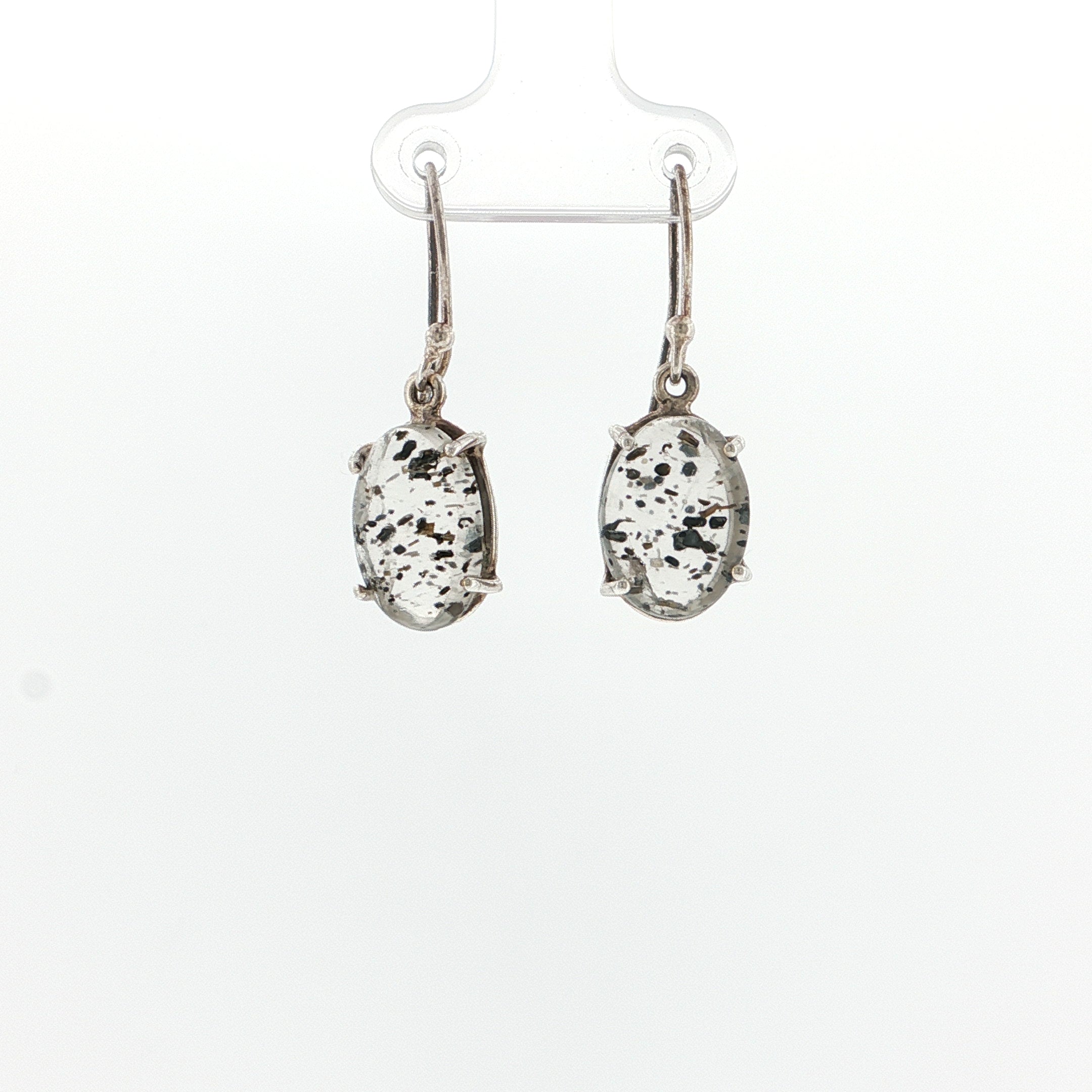 Oval Cabochon Black Dot Quartz Silver Drop Earrings