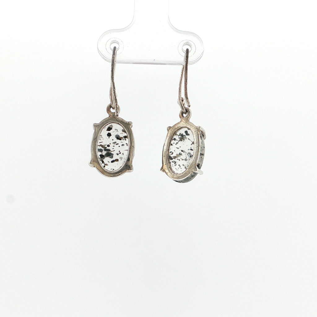 Oval Cabochon Black Dot Quartz Silver Drop Earrings