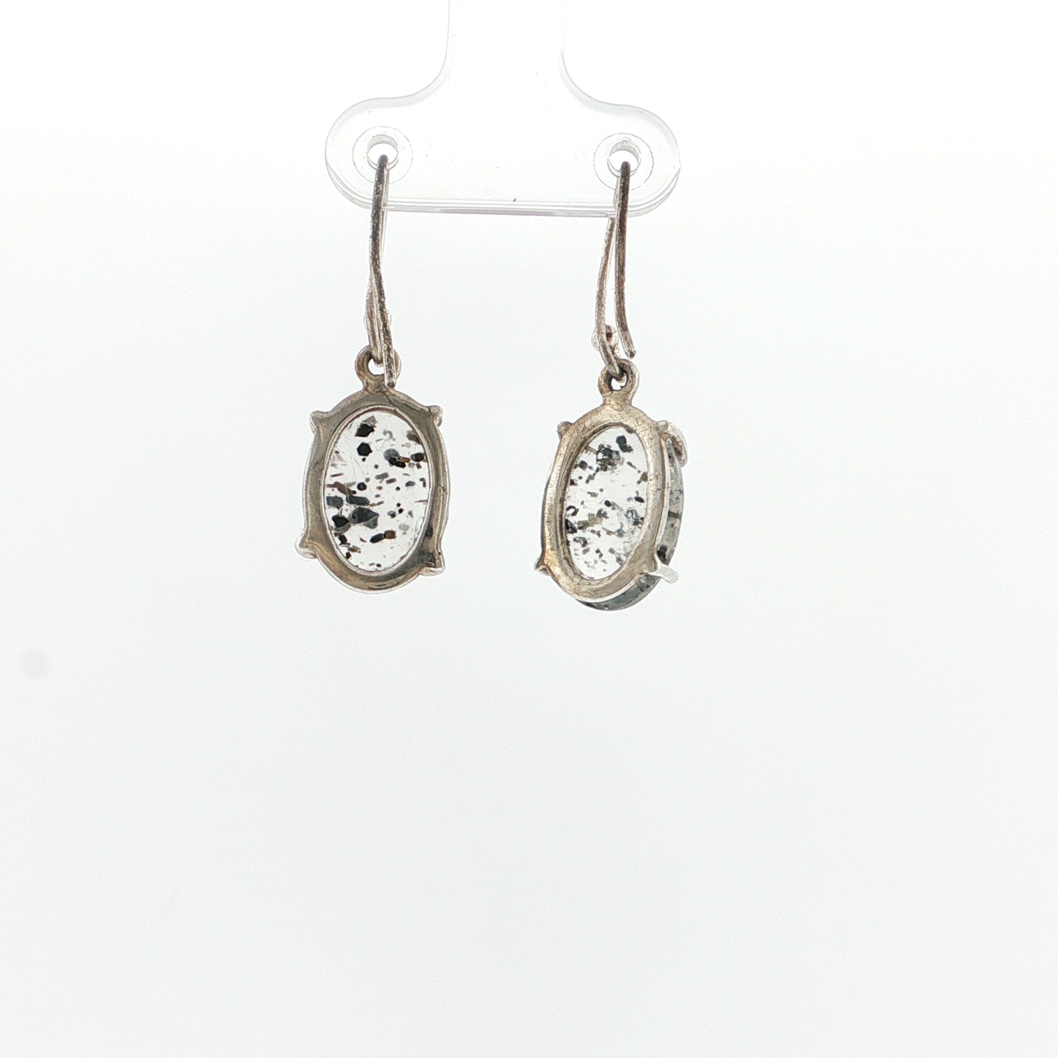 Oval Cabochon Black Dot Quartz Silver Drop Earrings