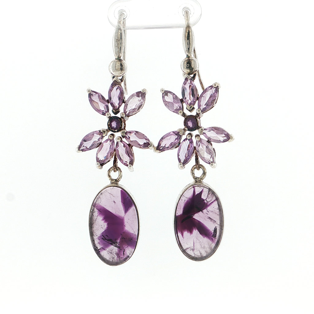 Floral Marquise and Oval Amethyst Silver Drop Earrings