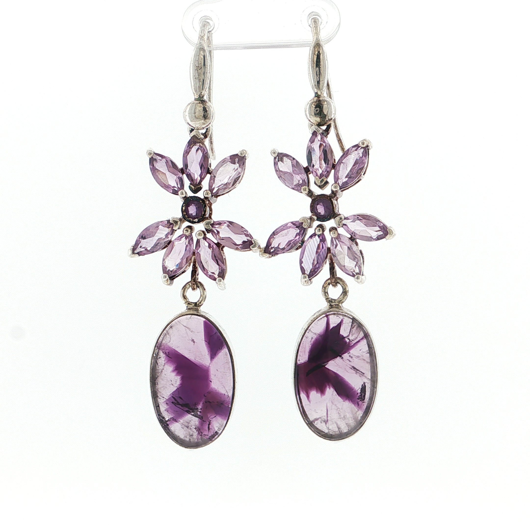 Floral Marquise and Oval Amethyst Silver Drop Earrings