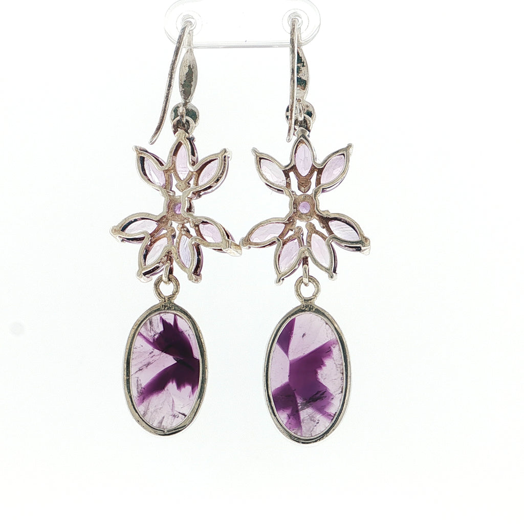 Floral Marquise and Oval Amethyst Silver Drop Earrings