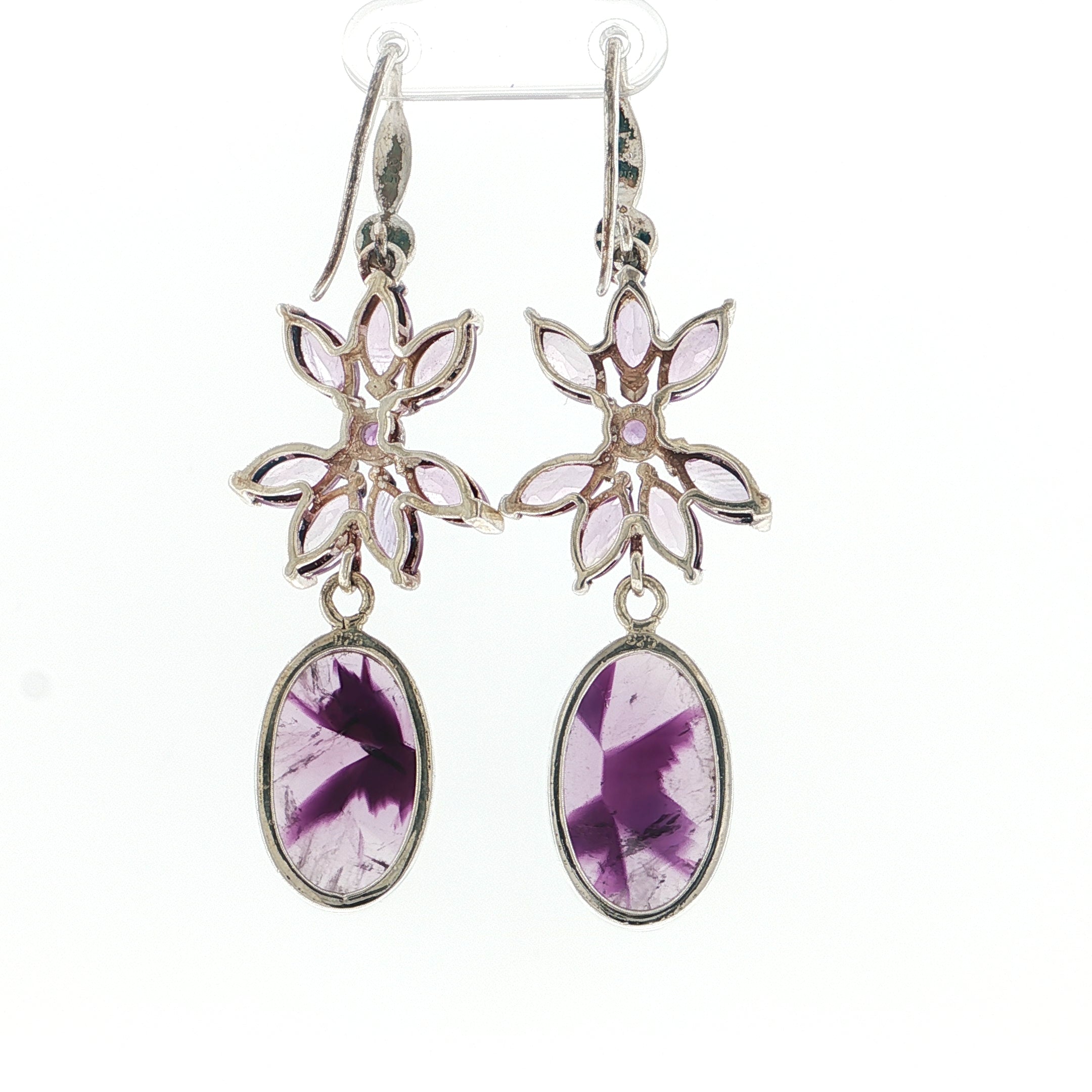 Floral Marquise and Oval Amethyst Silver Drop Earrings