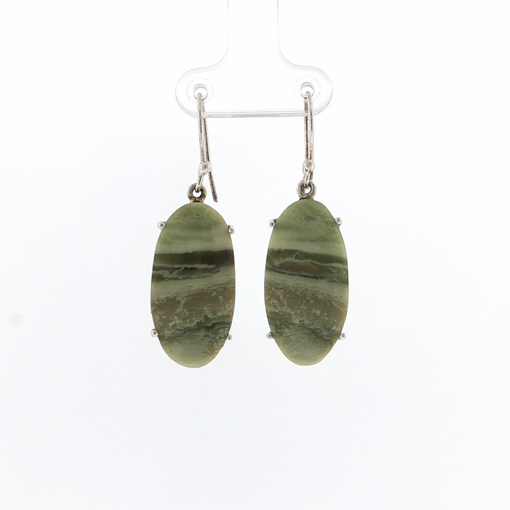 Oval Cabochon Green Jade Silver Drop Earrings