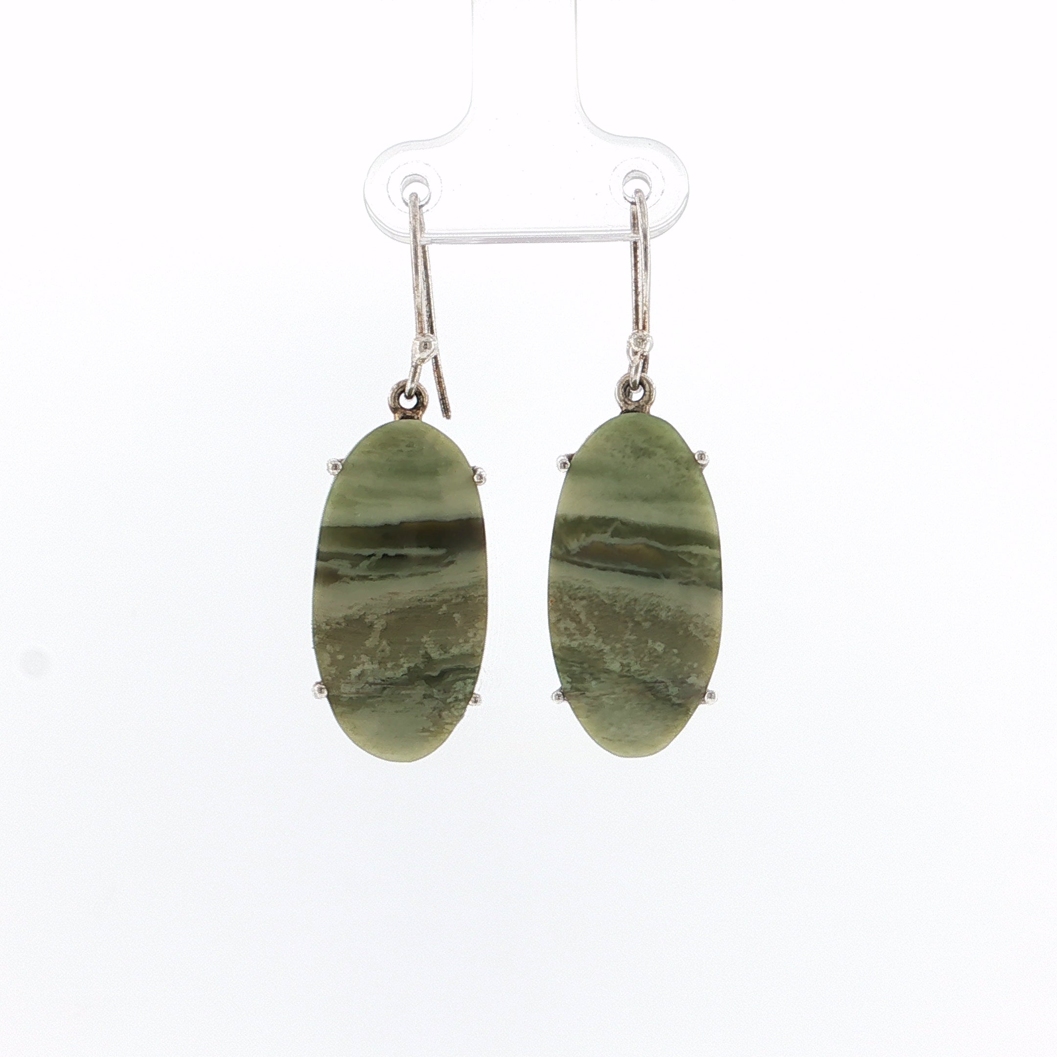 Oval Cabochon Green Jade Silver Drop Earrings