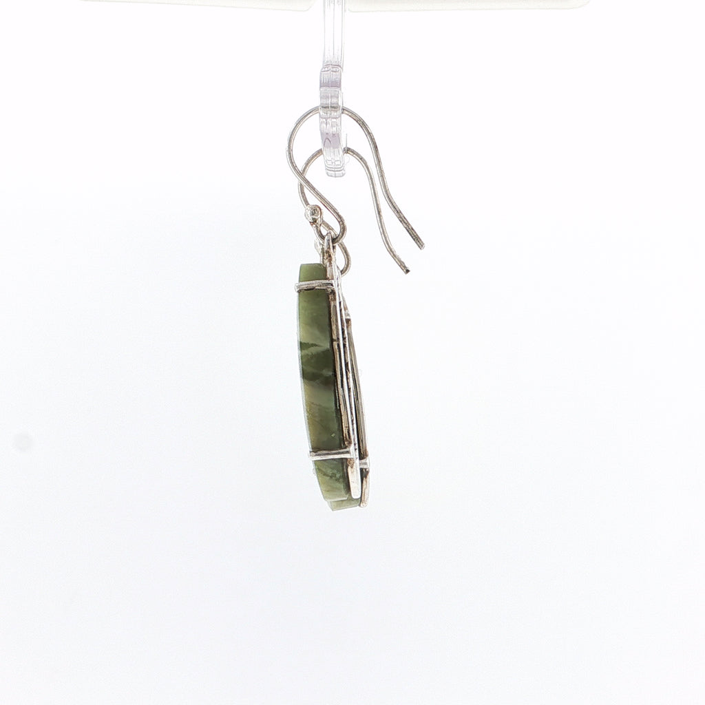Oval Cabochon Green Jade Silver Drop Earrings