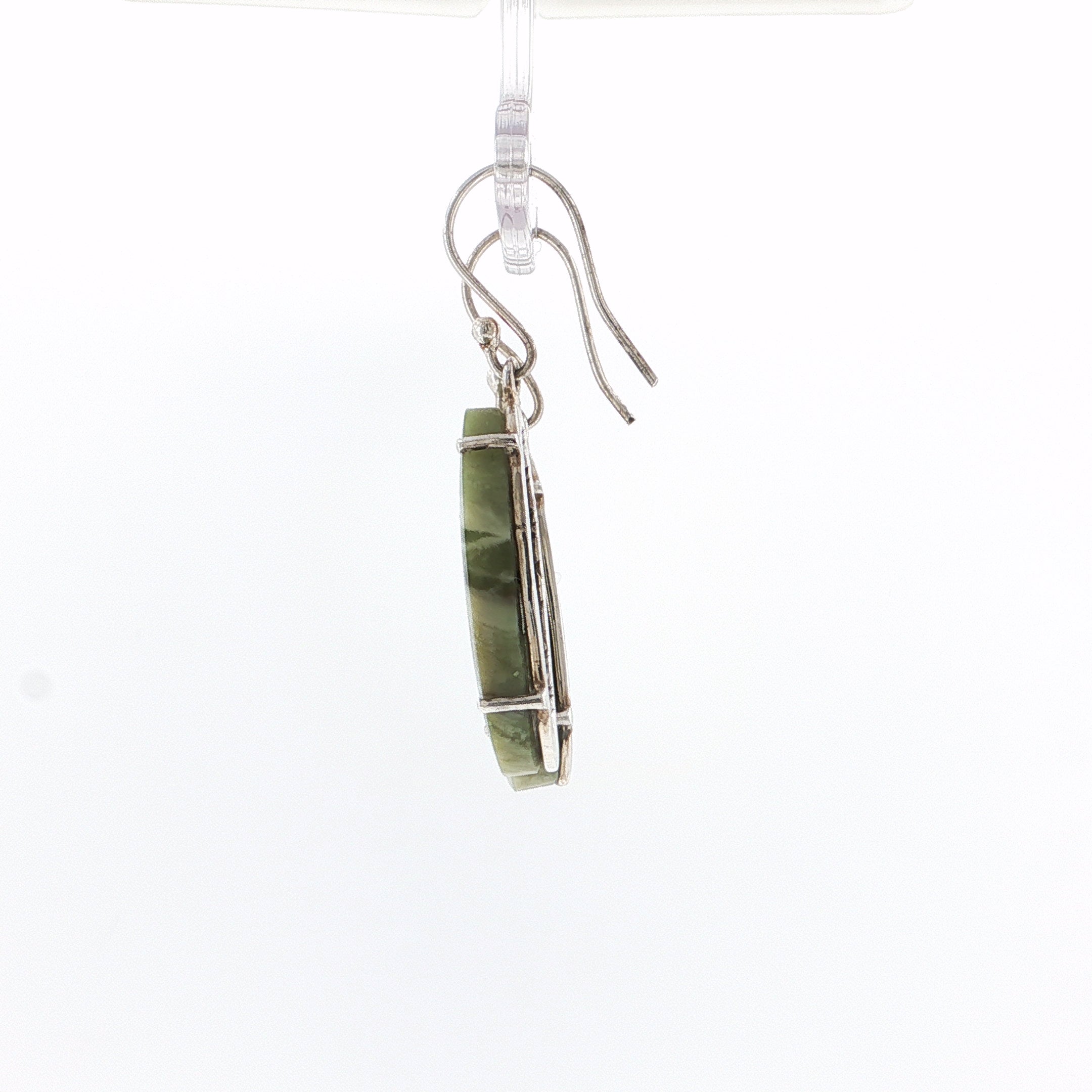 Oval Cabochon Green Jade Silver Drop Earrings
