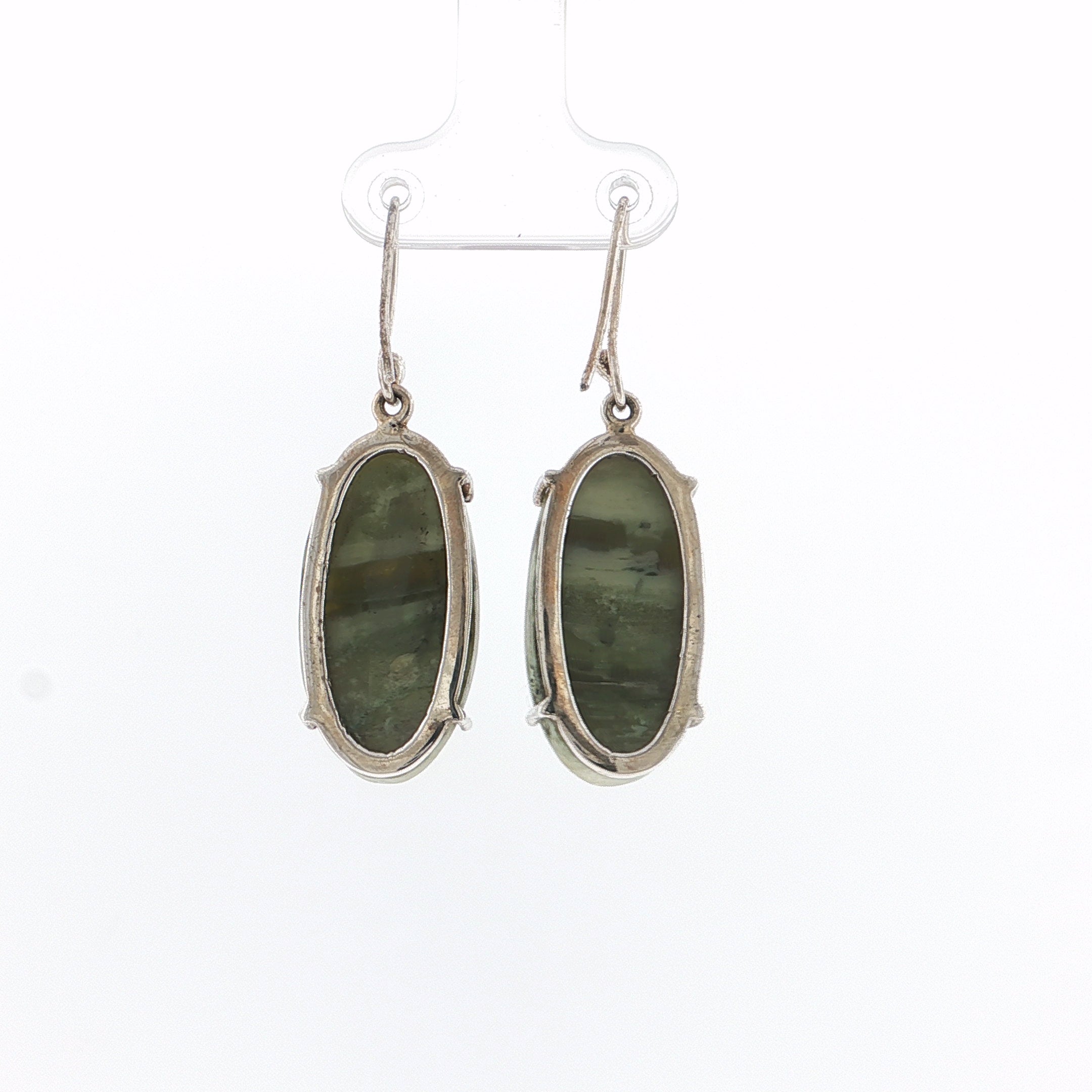 Oval Cabochon Green Jade Silver Drop Earrings