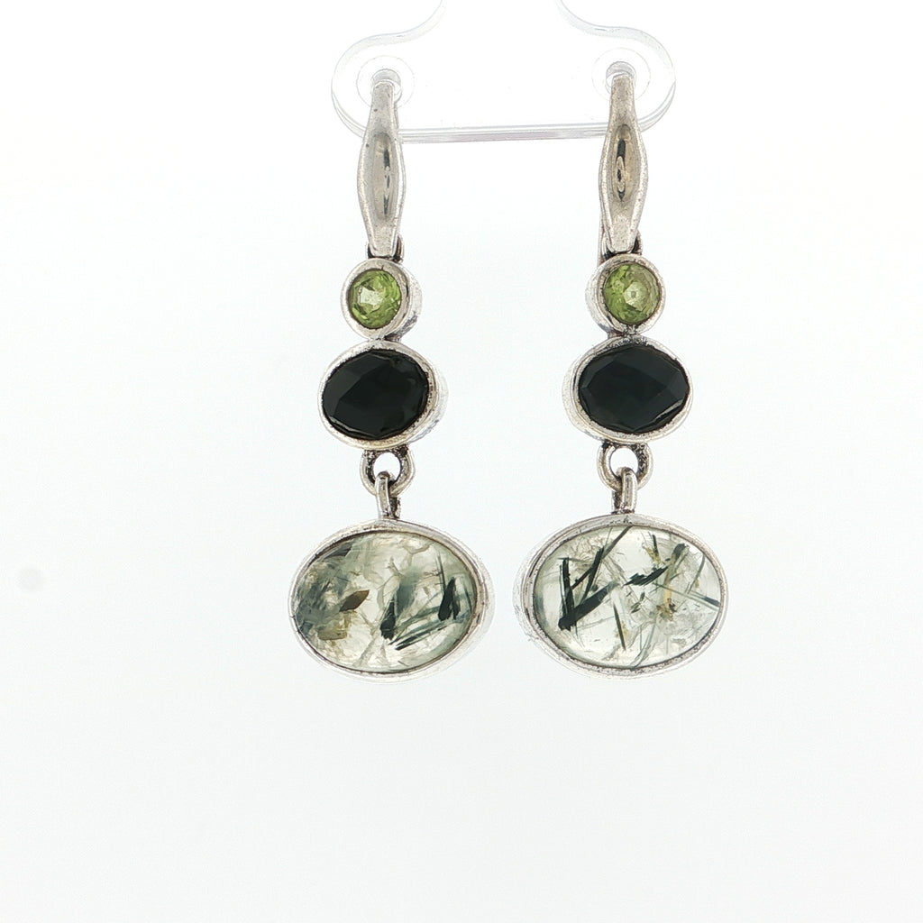 Triple Stone Rutilated Quartz, Onyx, and Peridot Silver Dangle Earrings