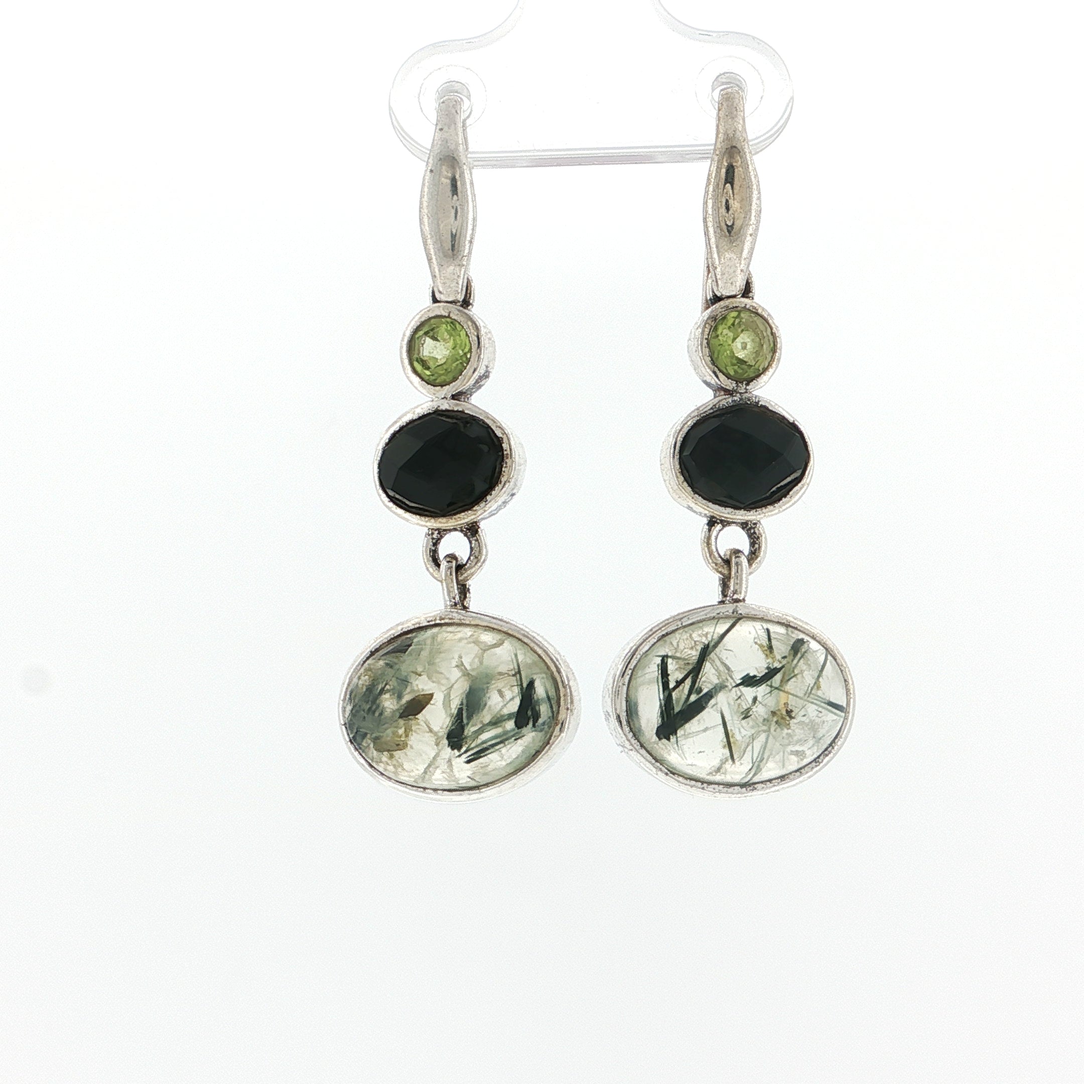 Triple Stone Rutilated Quartz, Onyx, and Peridot Silver Dangle Earrings