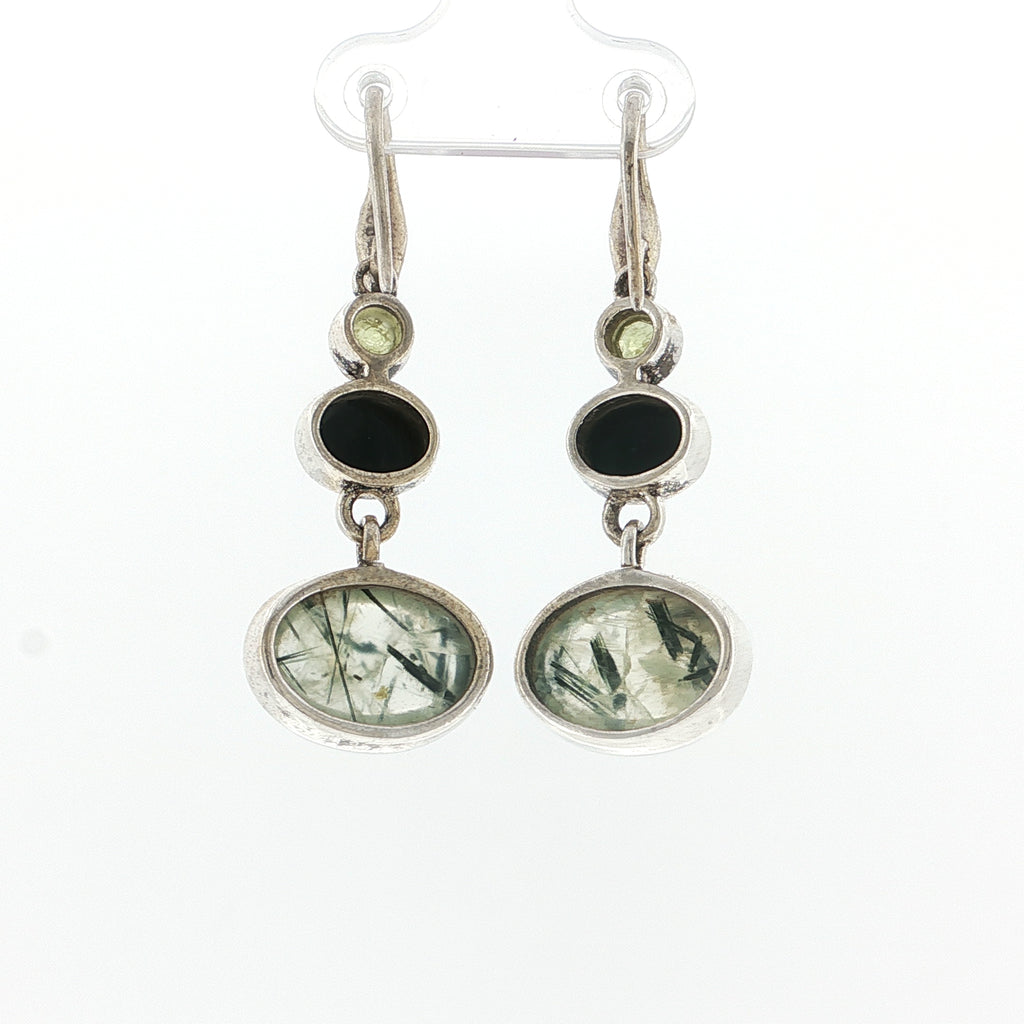 Triple Stone Rutilated Quartz, Onyx, and Peridot Silver Dangle Earrings