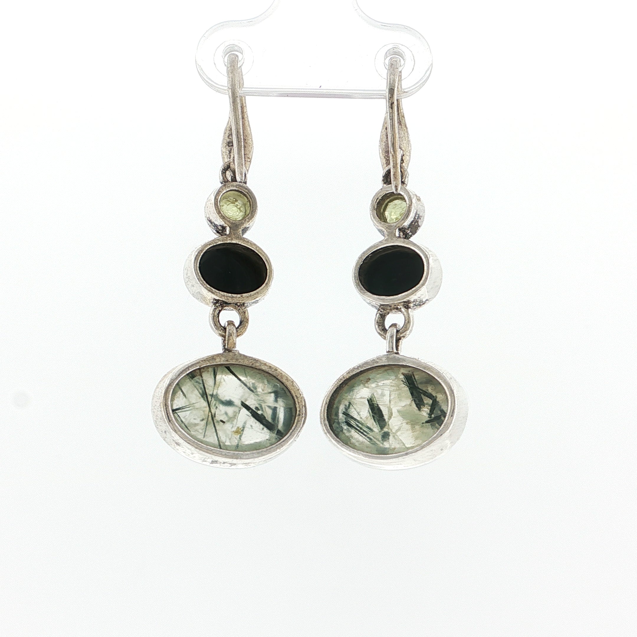 Triple Stone Rutilated Quartz, Onyx, and Peridot Silver Dangle Earrings